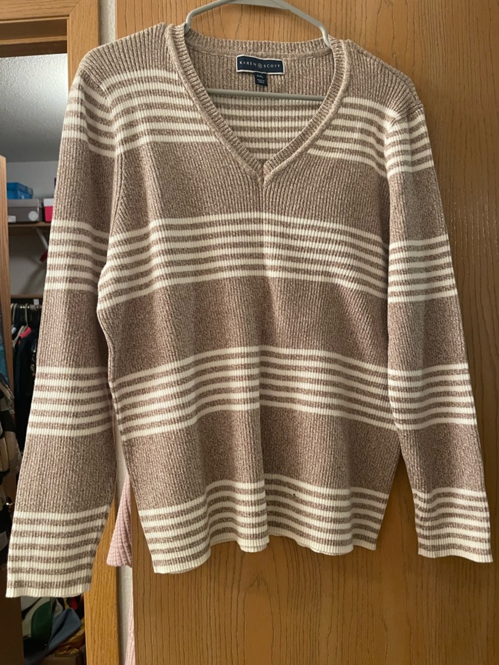 Karen Scott Tan & Cream Striped V-Neck Pullover